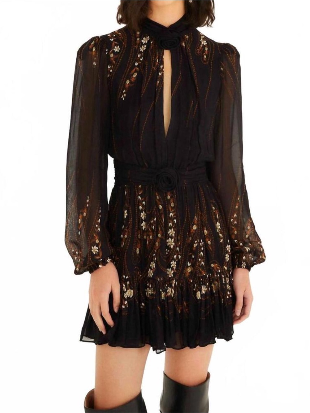 NWT Farm Rio Black Garden 3d Rose Long Sleeve Ruffled Mini Dress small NEW